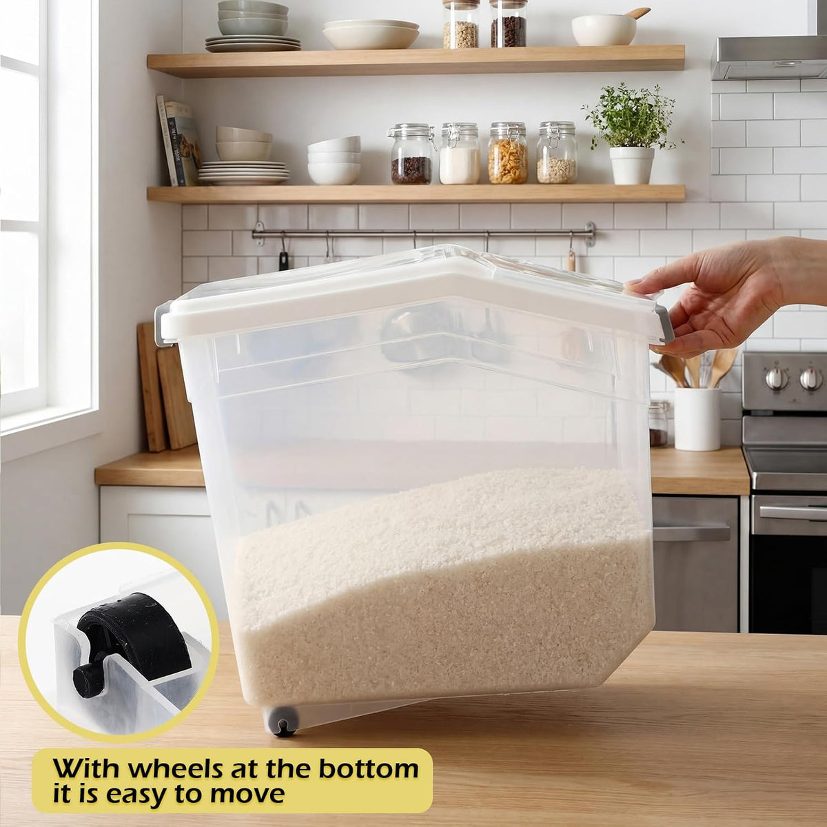 4 Pcs Rice Storage Container 22 lb Airtight Flour Container with Wheels Measuring Cup Clear Pet Food Cube Dog Cat Birds Food Bin Grain Cereal Organizer Box for Dry Baking Supplies(White Lid)