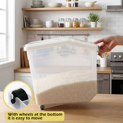 4 Pcs Rice Storage Container 22 lb Airtight Flour Container with Wheels Measuring Cup Clear Pet Food Cube Dog Cat Birds Food Bin Grain Cereal Organizer Box for Dry Baking Supplies(White Lid)
