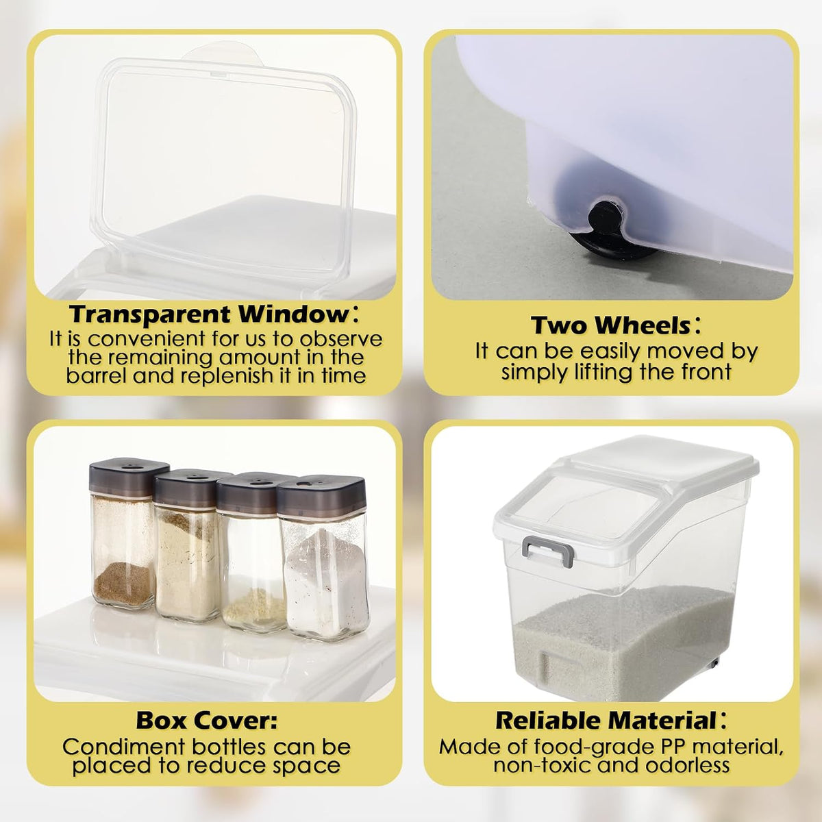 4 Pcs Rice Storage Container 22 lb Airtight Flour Container with Wheels Measuring Cup Clear Pet Food Cube Dog Cat Birds Food Bin Grain Cereal Organizer Box for Dry Baking Supplies(White Lid)