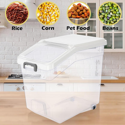 4 Pcs Rice Storage Container 22 lb Airtight Flour Container with Wheels Measuring Cup Clear Pet Food Cube Dog Cat Birds Food Bin Grain Cereal Organizer Box for Dry Baking Supplies(White Lid)