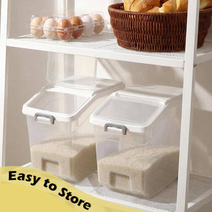 4 Pcs Rice Storage Container 22 lb Airtight Flour Container with Wheels Measuring Cup Clear Pet Food Cube Dog Cat Birds Food Bin Grain Cereal Organizer Box for Dry Baking Supplies(White Lid)
