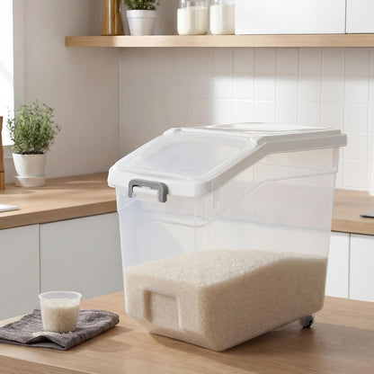 4 Pcs Rice Storage Container 22 lb Airtight Flour Container with Wheels Measuring Cup Clear Pet Food Cube Dog Cat Birds Food Bin Grain Cereal Organizer Box for Dry Baking Supplies(White Lid)