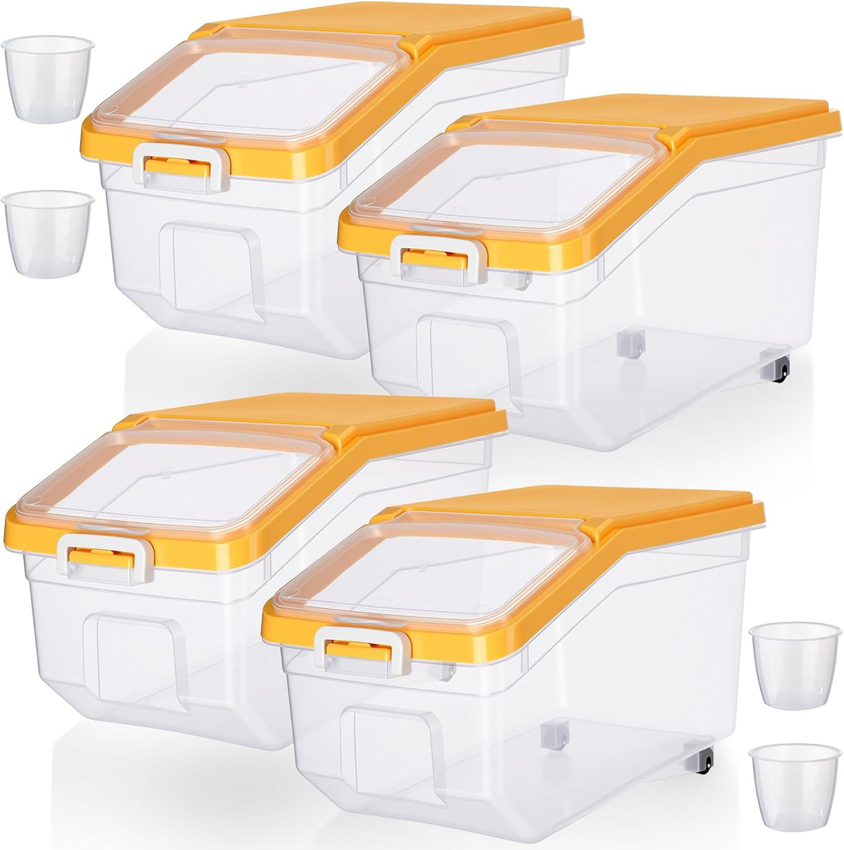 4 Pcs Rice Storage Container 22 lb Airtight Flour Container with Wheels Measuring Cup Clear Pet Food Cube Dog Cat Birds Food Bin Grain Cereal Organizer Box for Dry Baking Supplies(White Lid)