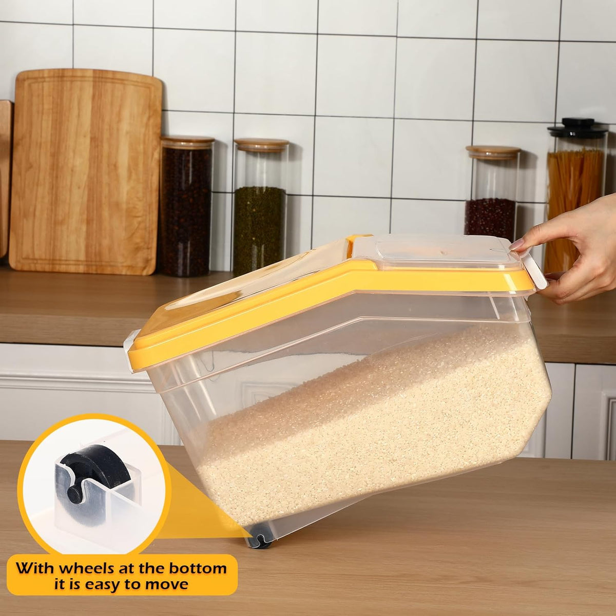 4 Pcs Rice Storage Container 22 lb Airtight Flour Container with Wheels Measuring Cup Clear Pet Food Cube Dog Cat Birds Food Bin Grain Cereal Organizer Box for Dry Baking Supplies(White Lid)