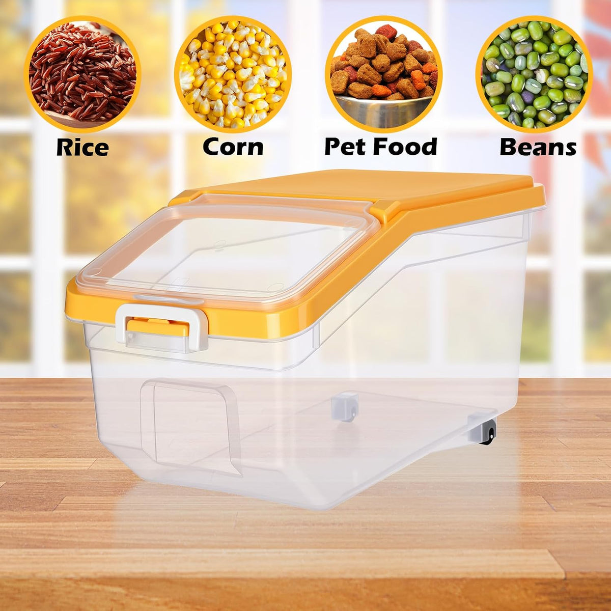 4 Pcs Rice Storage Container 22 lb Airtight Flour Container with Wheels Measuring Cup Clear Pet Food Cube Dog Cat Birds Food Bin Grain Cereal Organizer Box for Dry Baking Supplies(White Lid)