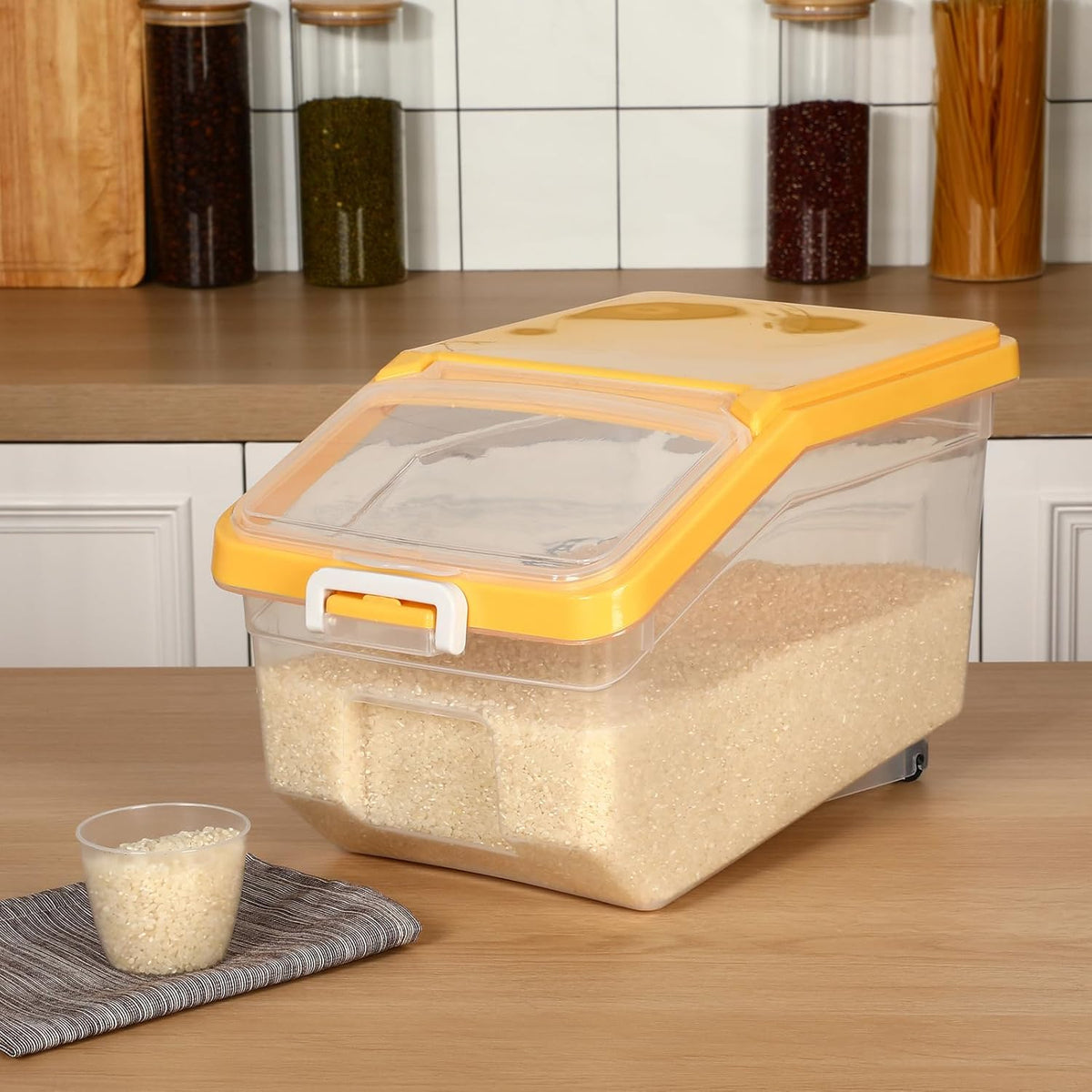4 Pcs Rice Storage Container 22 lb Airtight Flour Container with Wheels Measuring Cup Clear Pet Food Cube Dog Cat Birds Food Bin Grain Cereal Organizer Box for Dry Baking Supplies(White Lid)