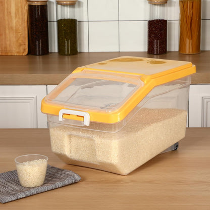 4 Pcs Rice Storage Container 22 lb Airtight Flour Container with Wheels Measuring Cup Clear Pet Food Cube Dog Cat Birds Food Bin Grain Cereal Organizer Box for Dry Baking Supplies(White Lid)