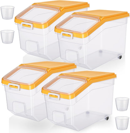 4 Pcs Rice Storage Container 22 lb Airtight Flour Container with Wheels Measuring Cup Clear Pet Food Cube Dog Cat Birds Food Bin Grain Cereal Organizer Box for Dry Baking Supplies(White Lid)