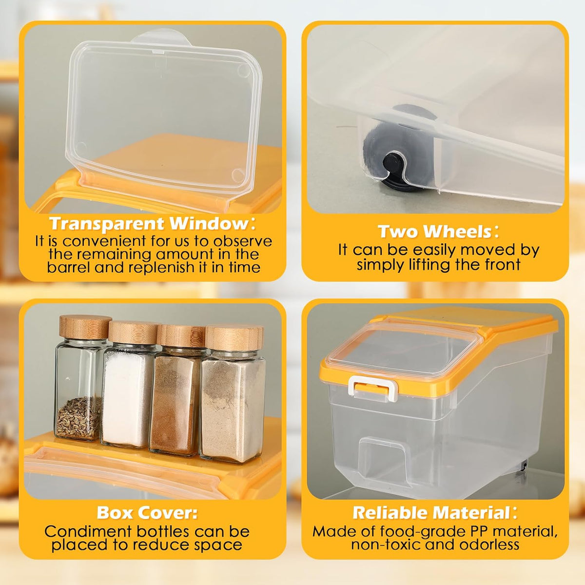 4 Pcs Rice Storage Container 22 lb Airtight Flour Container with Wheels Measuring Cup Clear Pet Food Cube Dog Cat Birds Food Bin Grain Cereal Organizer Box for Dry Baking Supplies(White Lid)
