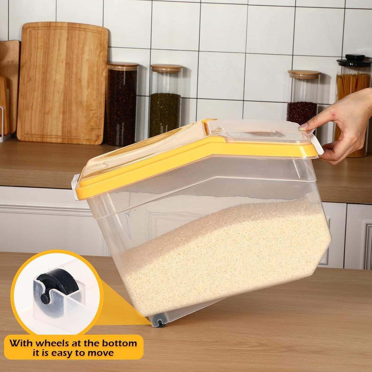 4 Pcs Rice Storage Container 22 lb Airtight Flour Container with Wheels Measuring Cup Clear Pet Food Cube Dog Cat Birds Food Bin Grain Cereal Organizer Box for Dry Baking Supplies(White Lid)