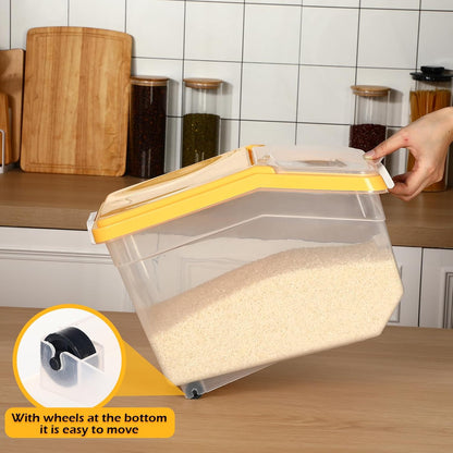 4 Pcs Rice Storage Container 22 lb Airtight Flour Container with Wheels Measuring Cup Clear Pet Food Cube Dog Cat Birds Food Bin Grain Cereal Organizer Box for Dry Baking Supplies(White Lid)