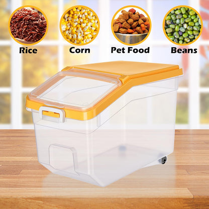 4 Pcs Rice Storage Container 22 lb Airtight Flour Container with Wheels Measuring Cup Clear Pet Food Cube Dog Cat Birds Food Bin Grain Cereal Organizer Box for Dry Baking Supplies(White Lid)