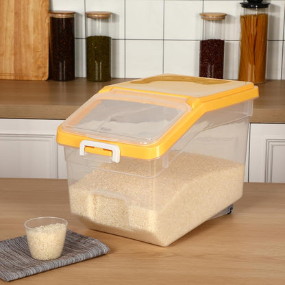 4 Pcs Rice Storage Container 22 lb Airtight Flour Container with Wheels Measuring Cup Clear Pet Food Cube Dog Cat Birds Food Bin Grain Cereal Organizer Box for Dry Baking Supplies(White Lid)