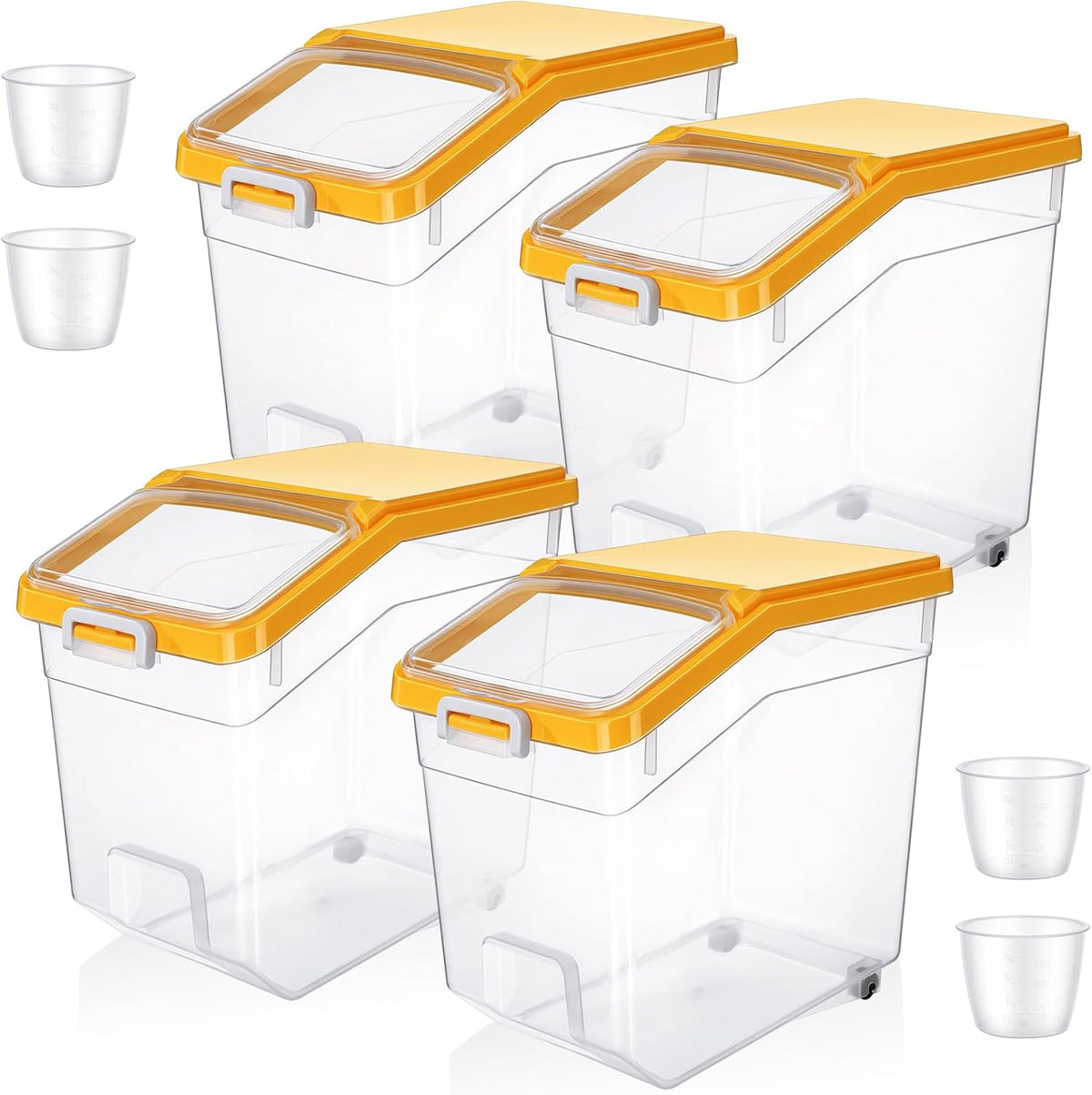 4 Pcs Rice Storage Container 22 lb Airtight Flour Container with Wheels Measuring Cup Clear Pet Food Cube Dog Cat Birds Food Bin Grain Cereal Organizer Box for Dry Baking Supplies(White Lid)