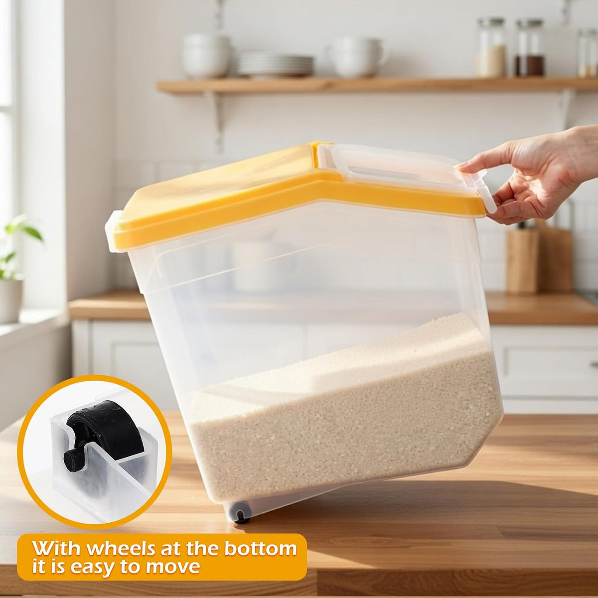 4 Pcs Rice Storage Container 22 lb Airtight Flour Container with Wheels Measuring Cup Clear Pet Food Cube Dog Cat Birds Food Bin Grain Cereal Organizer Box for Dry Baking Supplies(White Lid)