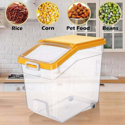 4 Pcs Rice Storage Container 22 lb Airtight Flour Container with Wheels Measuring Cup Clear Pet Food Cube Dog Cat Birds Food Bin Grain Cereal Organizer Box for Dry Baking Supplies(White Lid)