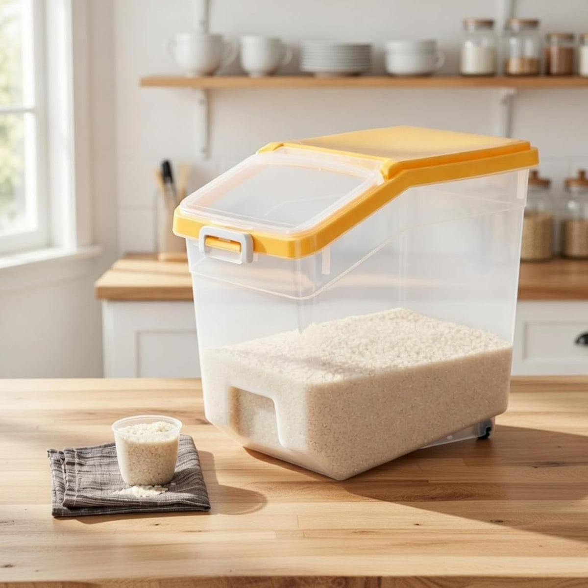 4 Pcs Rice Storage Container 22 lb Airtight Flour Container with Wheels Measuring Cup Clear Pet Food Cube Dog Cat Birds Food Bin Grain Cereal Organizer Box for Dry Baking Supplies(White Lid)