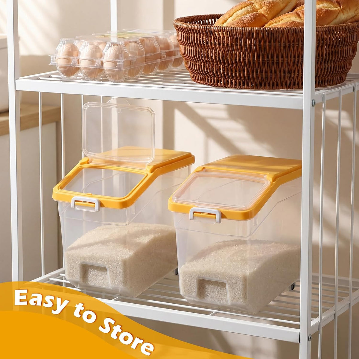 4 Pcs Rice Storage Container 22 lb Airtight Flour Container with Wheels Measuring Cup Clear Pet Food Cube Dog Cat Birds Food Bin Grain Cereal Organizer Box for Dry Baking Supplies(White Lid)