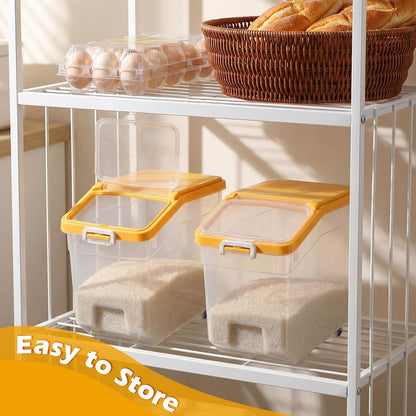 4 Pcs Rice Storage Container 22 lb Airtight Flour Container with Wheels Measuring Cup Clear Pet Food Cube Dog Cat Birds Food Bin Grain Cereal Organizer Box for Dry Baking Supplies(White Lid)