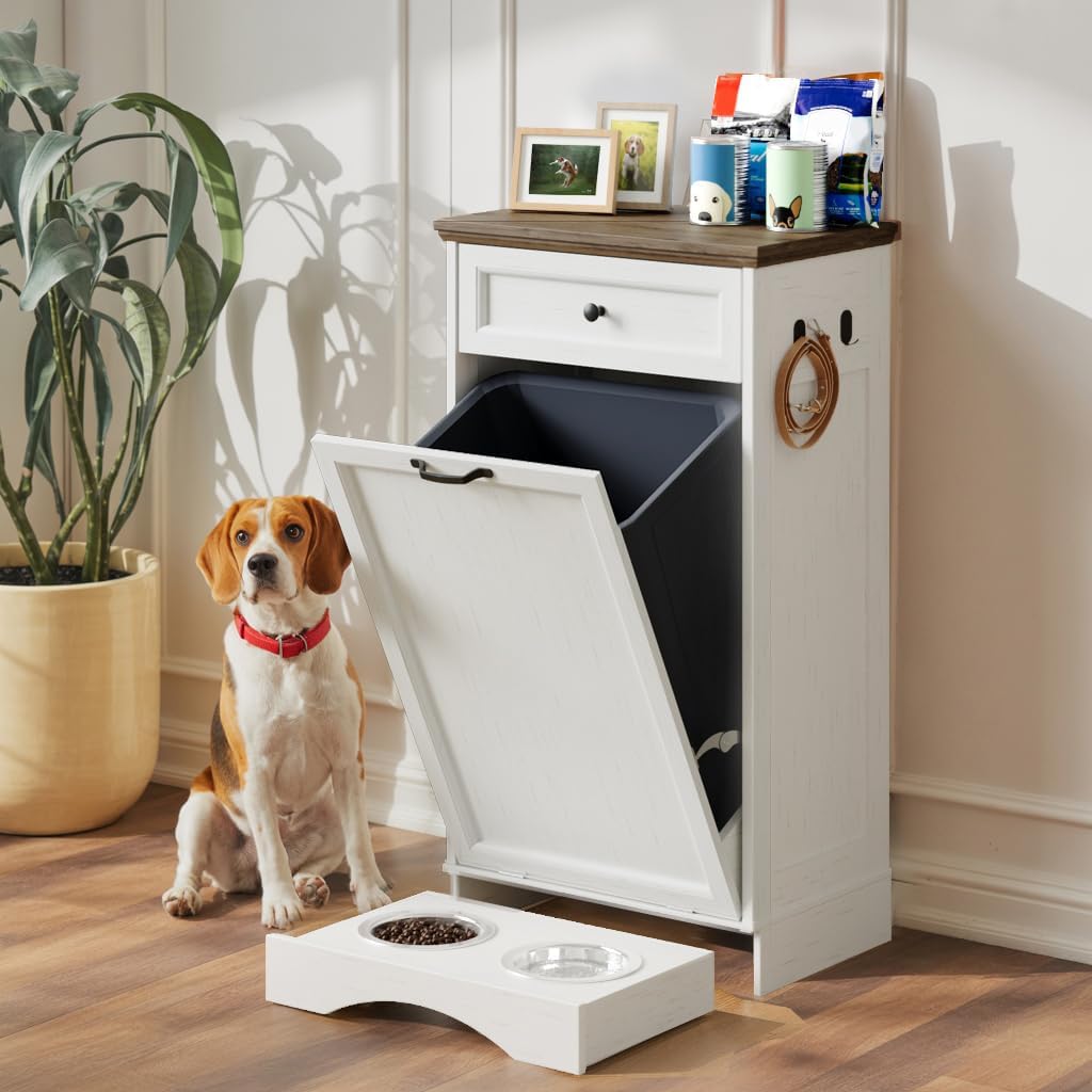 FIMELLO Dog Feeding Station, Tilt-Out Dog Food Storage Cabinet with Drawer,Pet Feeder Cabinet,White Grain