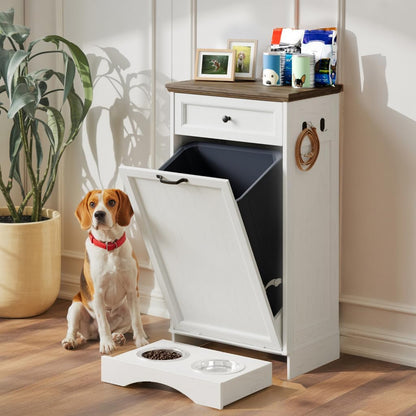 FIMELLO Dog Feeding Station, Tilt-Out Dog Food Storage Cabinet with Drawer,Pet Feeder Cabinet,White Grain