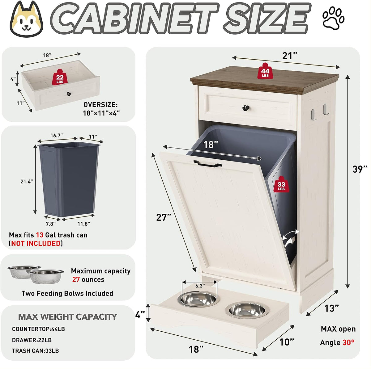 FIMELLO Dog Feeding Station, Tilt-Out Dog Food Storage Cabinet with Drawer,Pet Feeder Cabinet,White Grain