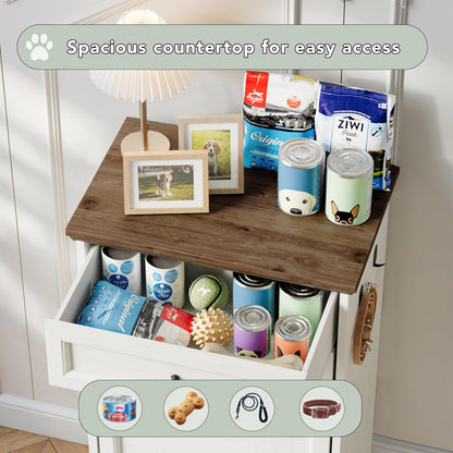 FIMELLO Dog Feeding Station, Tilt-Out Dog Food Storage Cabinet with Drawer,Pet Feeder Cabinet,White Grain