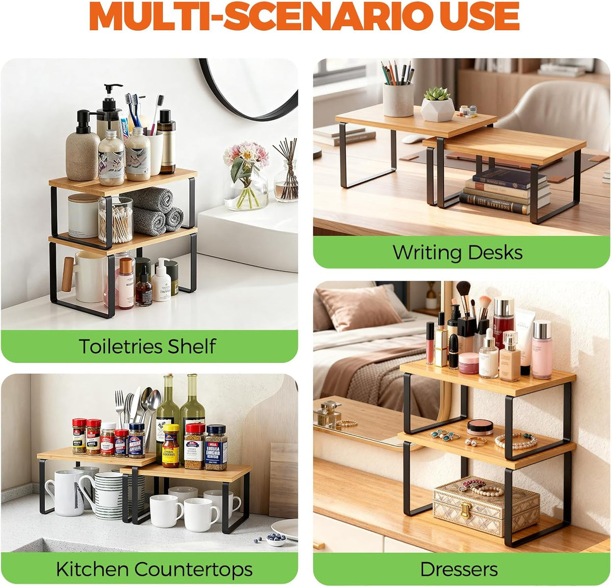 Cabinet Organizer Shelf, Kitchen Counter Shelf, Pantry Storage Riser | 4 Pack Ink Black & Natural Beige Shelves with Metal Legs, Stackable Countertop Risers for Kitchen, Pantry & Cabinet Storage