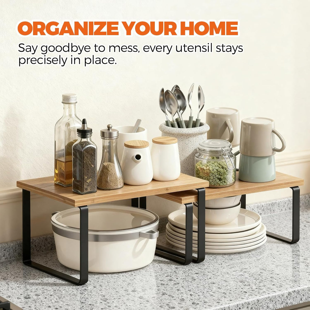 Cabinet Organizer Shelf, Kitchen Counter Shelf, Pantry Storage Riser | 4 Pack Ink Black & Natural Beige Shelves with Metal Legs, Stackable Countertop Risers for Kitchen, Pantry & Cabinet Storage