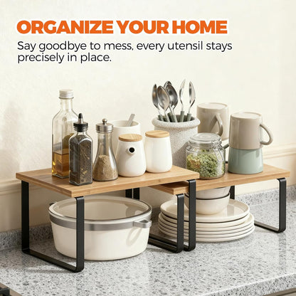 Cabinet Organizer Shelf, Kitchen Counter Shelf, Pantry Storage Riser | 4 Pack Ink Black & Natural Beige Shelves with Metal Legs, Stackable Countertop Risers for Kitchen, Pantry & Cabinet Storage