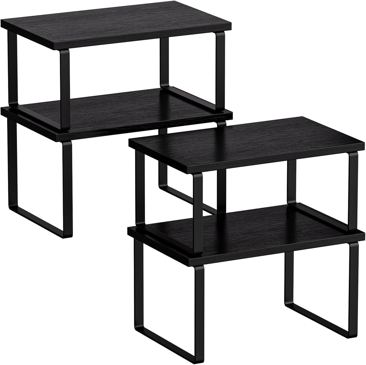 Cabinet Organizer Shelf, Kitchen Counter Shelf, Pantry Storage Riser | 4 Pack Ink Black & Natural Beige Shelves with Metal Legs, Stackable Countertop Risers for Kitchen, Pantry & Cabinet Storage
