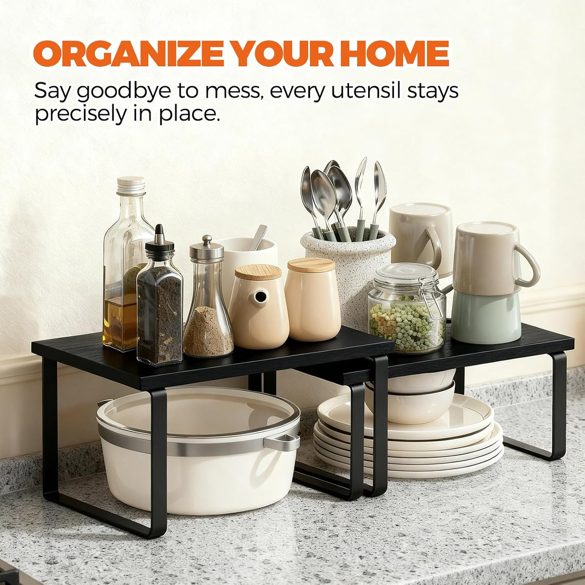 Cabinet Organizer Shelf, Kitchen Counter Shelf, Pantry Storage Riser | 4 Pack Ink Black & Natural Beige Shelves with Metal Legs, Stackable Countertop Risers for Kitchen, Pantry & Cabinet Storage