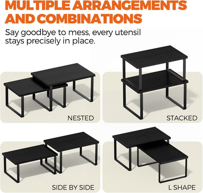 Cabinet Organizer Shelf, Kitchen Counter Shelf, Pantry Storage Riser | 4 Pack Ink Black & Natural Beige Shelves with Metal Legs, Stackable Countertop Risers for Kitchen, Pantry & Cabinet Storage