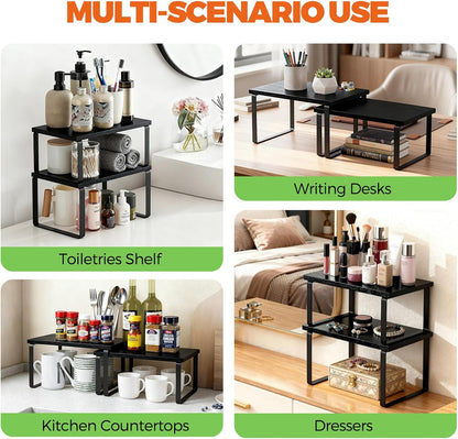 Cabinet Organizer Shelf, Kitchen Counter Shelf, Pantry Storage Riser | 4 Pack Ink Black & Natural Beige Shelves with Metal Legs, Stackable Countertop Risers for Kitchen, Pantry & Cabinet Storage