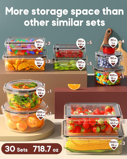 Food Storage Containers with Lids Airtight, (30 Lids & 30 Containers) Leak proof Containers Set for Kitchen, Meal Prep, BPA-Free, PVC-Free Plastic, Microwave/Dishwasher Safe, Extra Labels & Pen