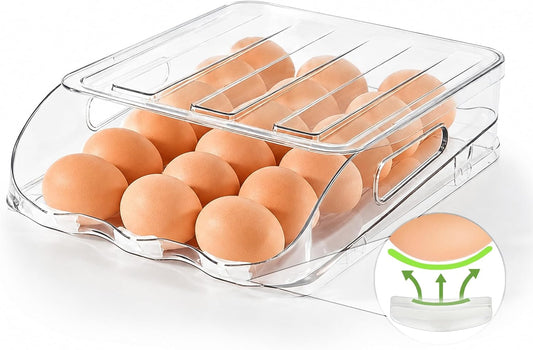 36-Egg Dispenser with Silicone Bumpers, Auto-Rolling, Stackable | BPA-free food-grade PET | Stackable with lid | Built-in handle | 11.92"L x 8.85"W x 5.4"H | Hand wash only