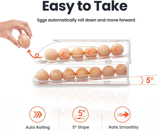 36-Egg Dispenser with Silicone Bumpers, Auto-Rolling, Stackable | BPA-free food-grade PET | Stackable with lid | Built-in handle | 11.92"L x 8.85"W x 5.4"H | Hand wash only