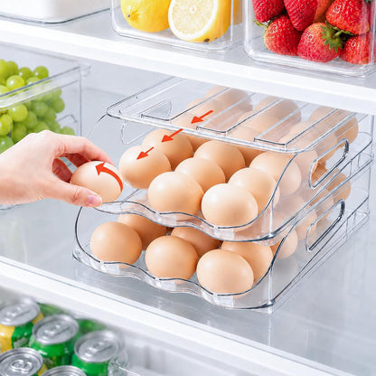 36-Egg Dispenser with Silicone Bumpers, Auto-Rolling, Stackable | BPA-free food-grade PET | Stackable with lid | Built-in handle | 11.92"L x 8.85"W x 5.4"H | Hand wash only
