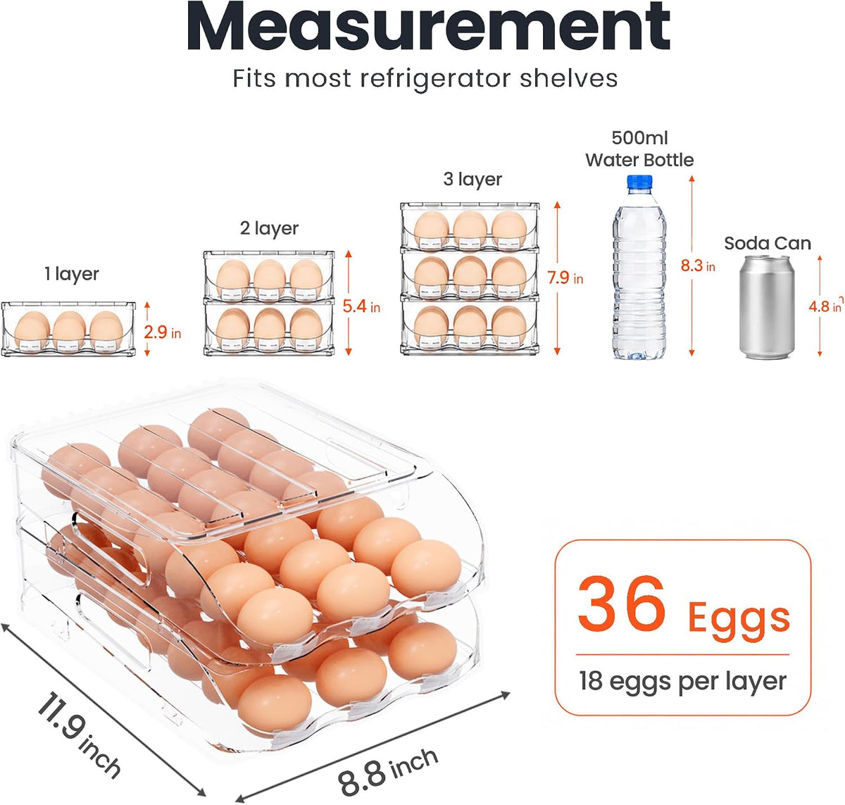 36-Egg Dispenser with Silicone Bumpers, Auto-Rolling, Stackable | BPA-free food-grade PET | Stackable with lid | Built-in handle | 11.92"L x 8.85"W x 5.4"H | Hand wash only