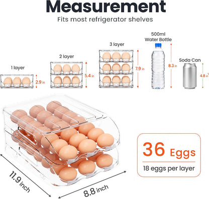 36-Egg Dispenser with Silicone Bumpers, Auto-Rolling, Stackable | BPA-free food-grade PET | Stackable with lid | Built-in handle | 11.92"L x 8.85"W x 5.4"H | Hand wash only