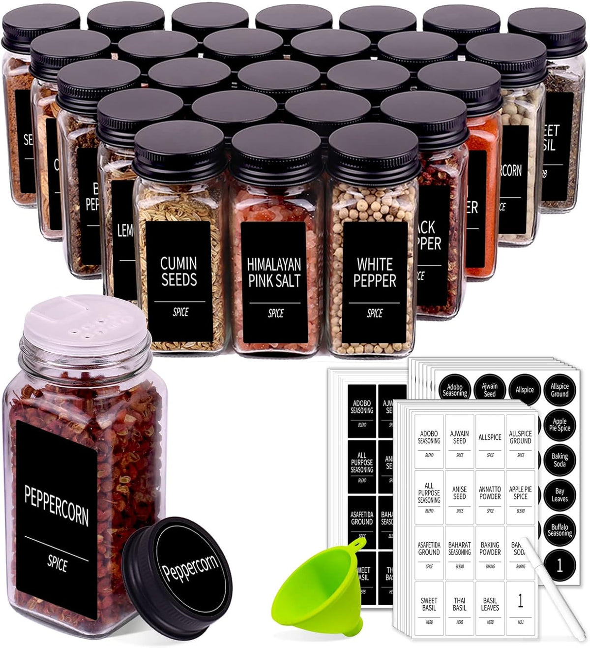 36 Pack Glass Spice Jars with Labels, 4oz Spice Containers | Square Spice Bottles with Black Caps, Shaker Lids, 547 Labels, Funnel & Chalk Pen. Keep Seasoning Jars Neat and Organized