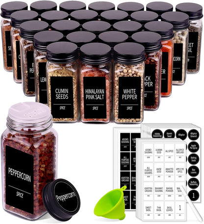 36 Pack Glass Spice Jars with Labels, 4oz Spice Containers | Square Spice Bottles with Black Caps, Shaker Lids, 547 Labels, Funnel & Chalk Pen. Keep Seasoning Jars Neat and Organized