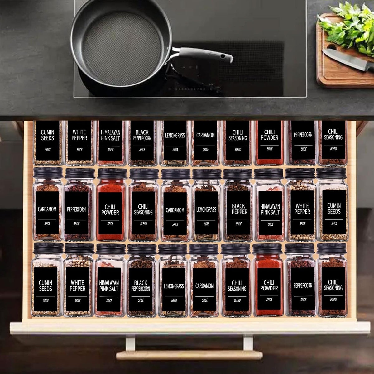 36 Pack Glass Spice Jars with Labels, 4oz Spice Containers | Square Spice Bottles with Black Caps, Shaker Lids, 547 Labels, Funnel & Chalk Pen. Keep Seasoning Jars Neat and Organized