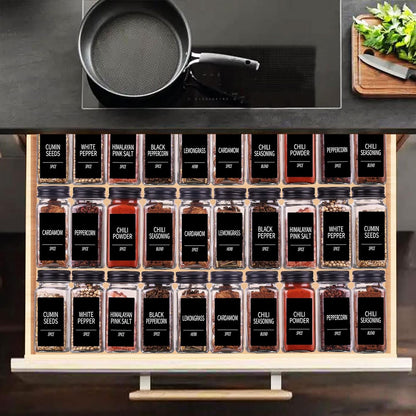 36 Pack Glass Spice Jars with Labels, 4oz Spice Containers | Square Spice Bottles with Black Caps, Shaker Lids, 547 Labels, Funnel & Chalk Pen. Keep Seasoning Jars Neat and Organized