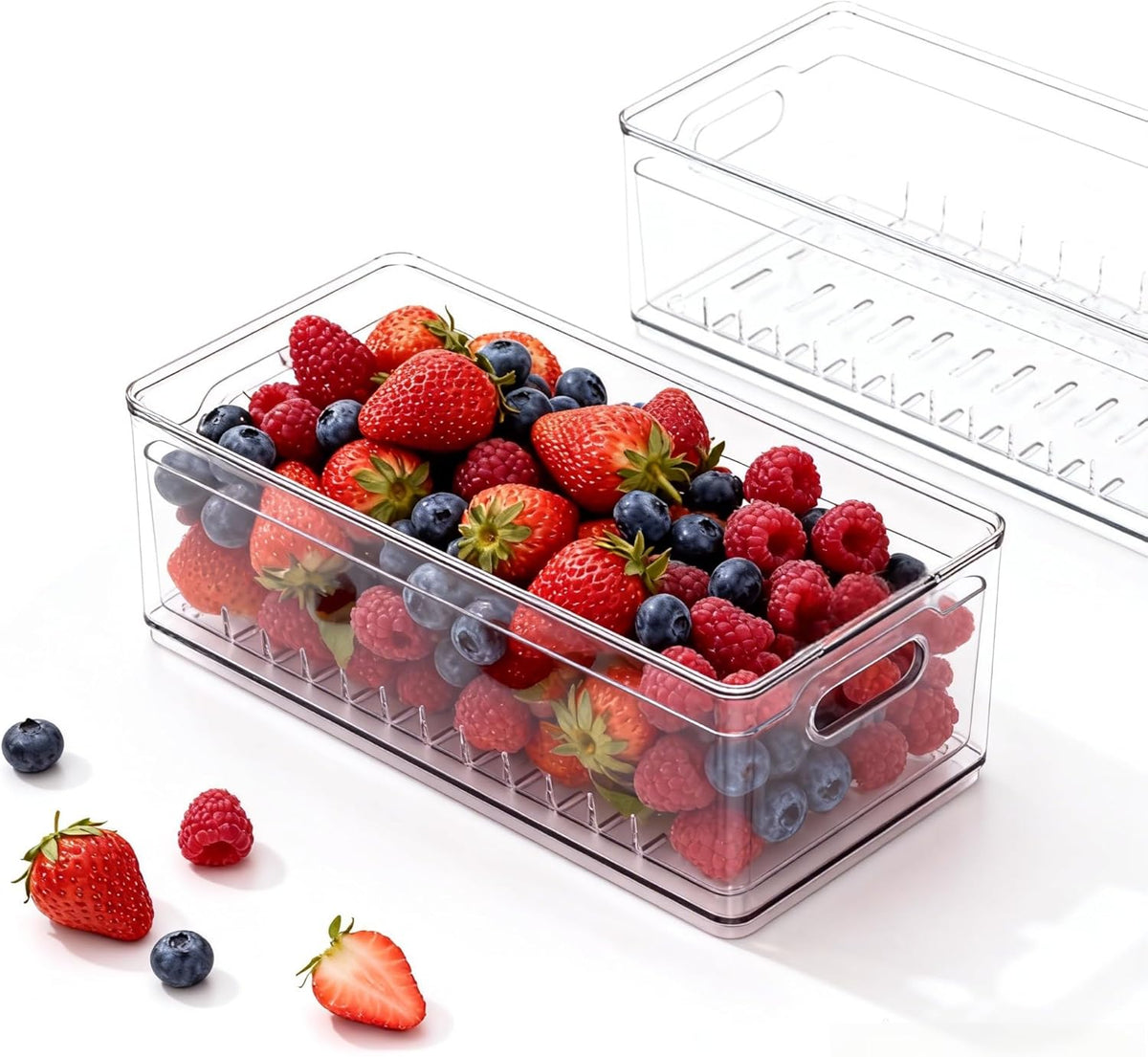 2 Pack Fruit Storage Containers for Fridge with Lid & Drain Basket | 3-in-1 Wash-Drain-Store – BPA-free clear containers keep berries/strawberries fresh, ready-to-eat in fridge.