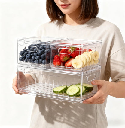 2 Pack Fruit Storage Containers for Fridge with Lid & Drain Basket | 3-in-1 Wash-Drain-Store – BPA-free clear containers keep berries/strawberries fresh, ready-to-eat in fridge.