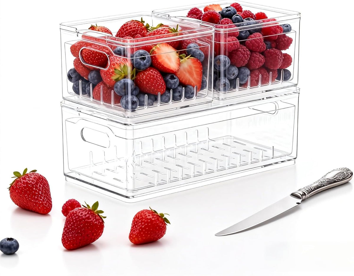 2 Pack Fruit Storage Containers for Fridge with Lid & Drain Basket | 3-in-1 Wash-Drain-Store – BPA-free clear containers keep berries/strawberries fresh, ready-to-eat in fridge.