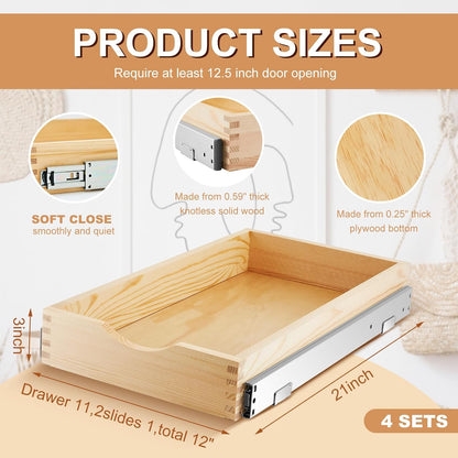 4 Pack Wooden Pull out Tray Cabinet Organizer Gentle Close Roll out Shelves for Kitchen Cabinets Fully Assembled Slide Pantry Shelves (15'' X 21'')