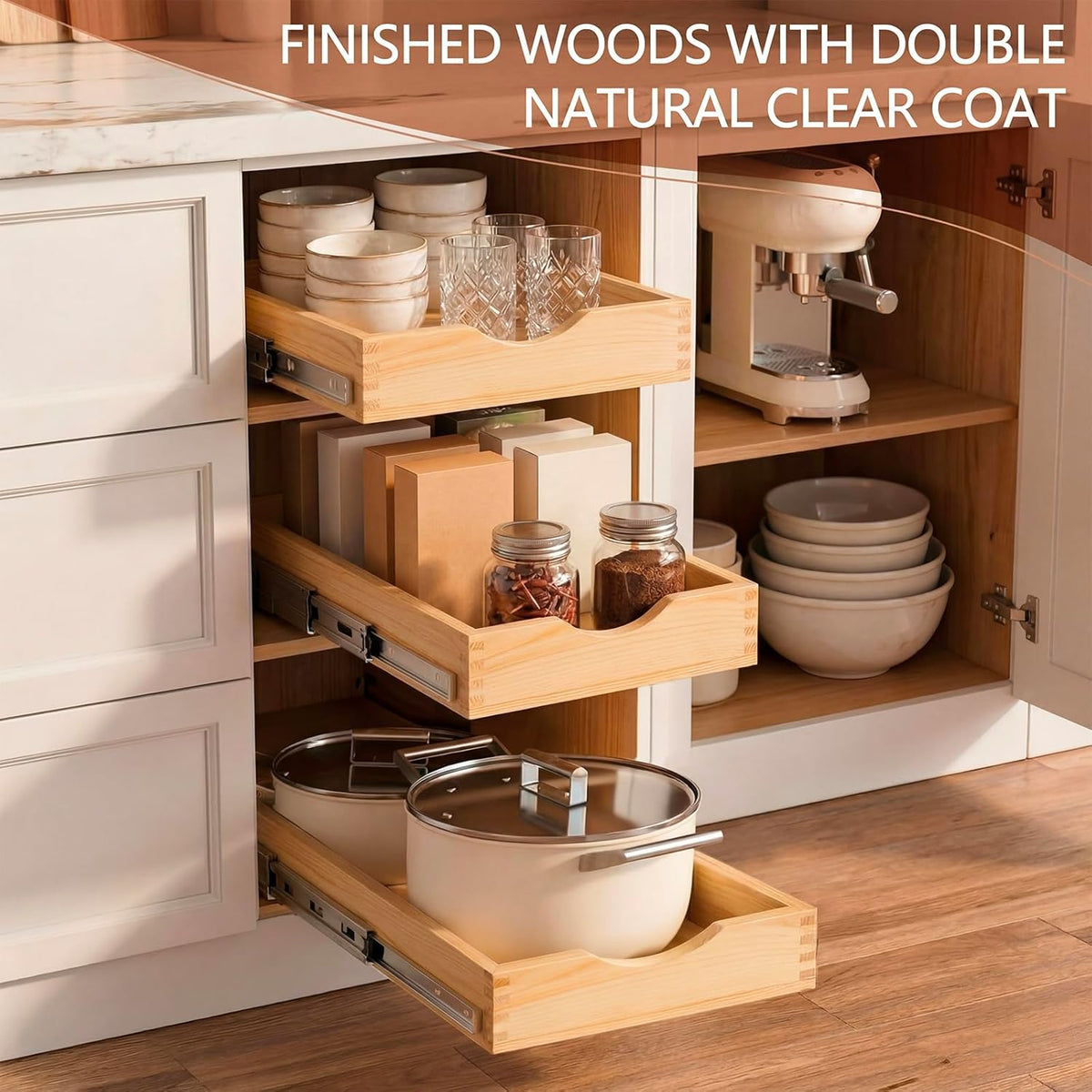 4 Pack Wooden Pull out Tray Cabinet Organizer Gentle Close Roll out Shelves for Kitchen Cabinets Fully Assembled Slide Pantry Shelves (15'' X 21'')