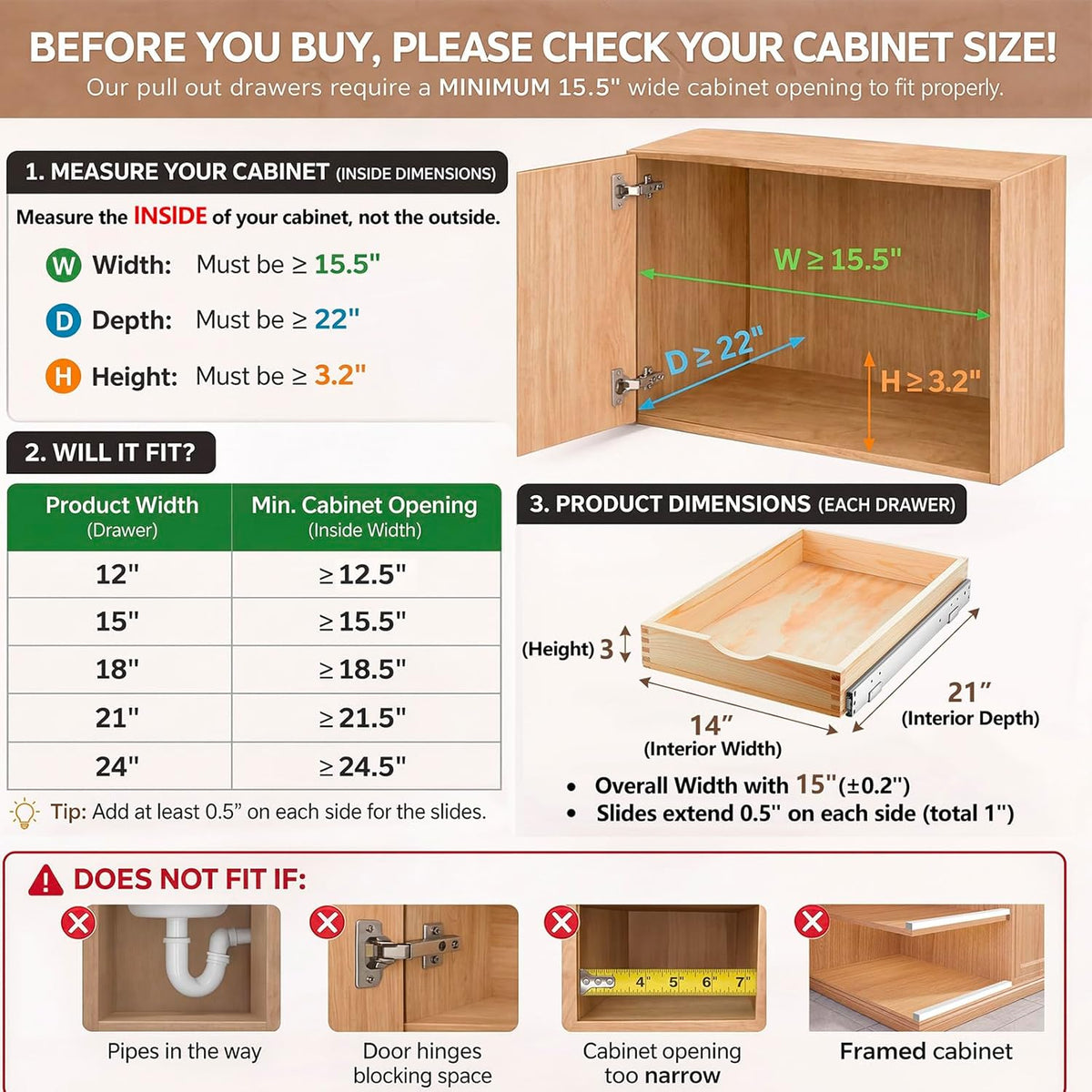 4 Pack Wooden Pull out Tray Cabinet Organizer Gentle Close Roll out Shelves for Kitchen Cabinets Fully Assembled Slide Pantry Shelves (15'' X 21'')